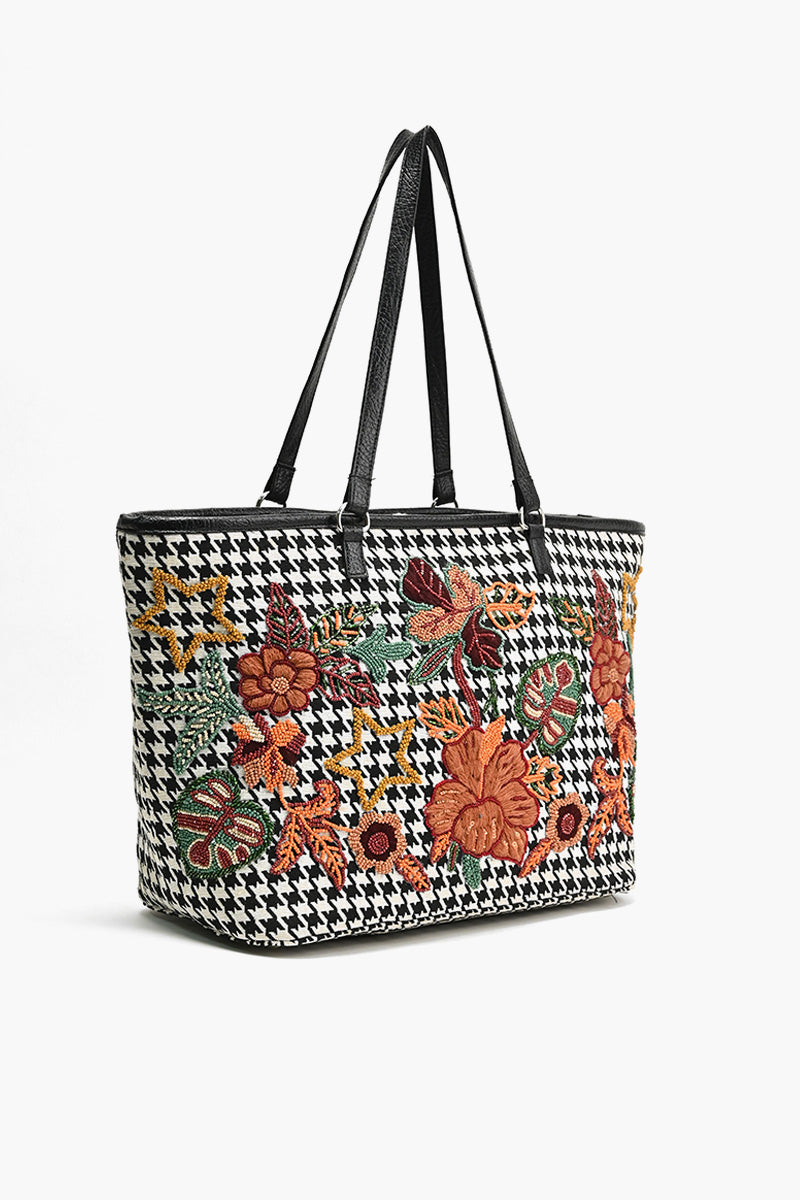 Floral Embroidered Houndstooth Fabric Tote