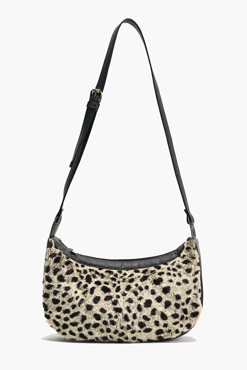 Grey Leopard Fur Sling Bag with Adjustable Strap