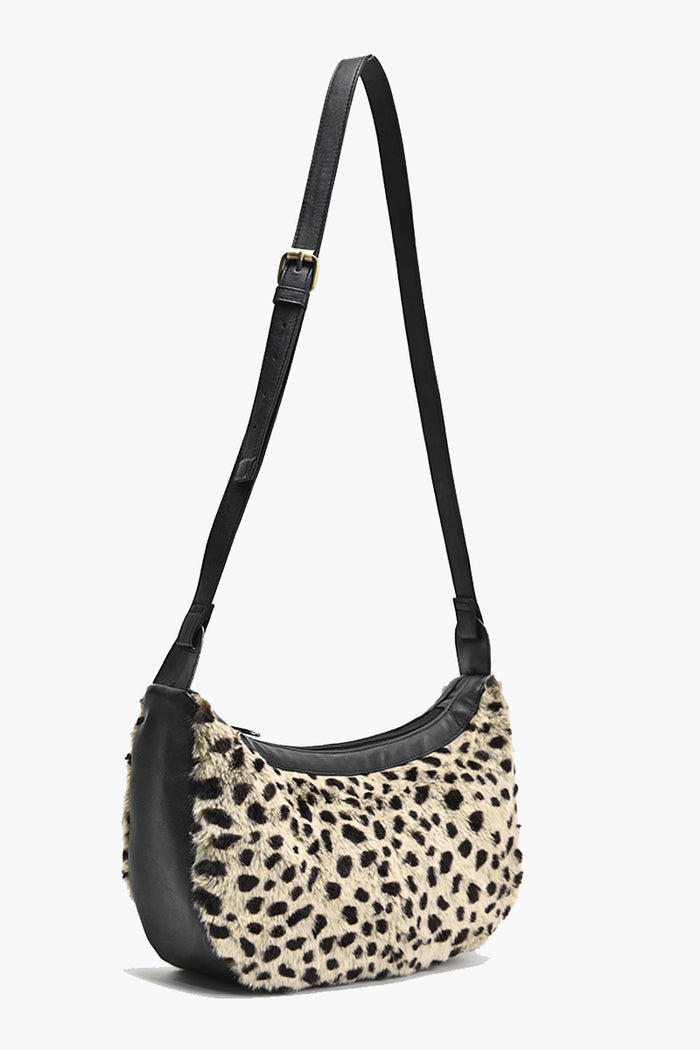 Grey Leopard Fur Sling Bag with Adjustable Strap