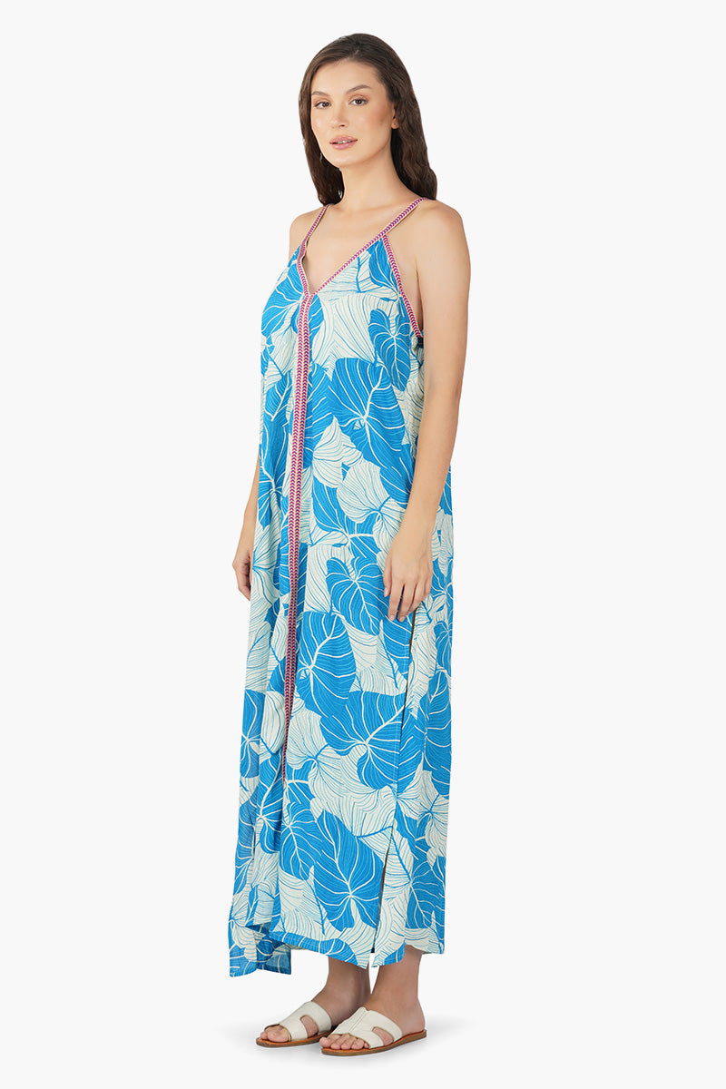 Women Side Slit V Neck Tropical Maxi Dress