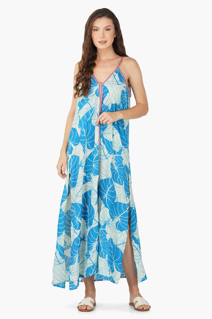Women Side Slit V Neck Tropical Maxi Dress