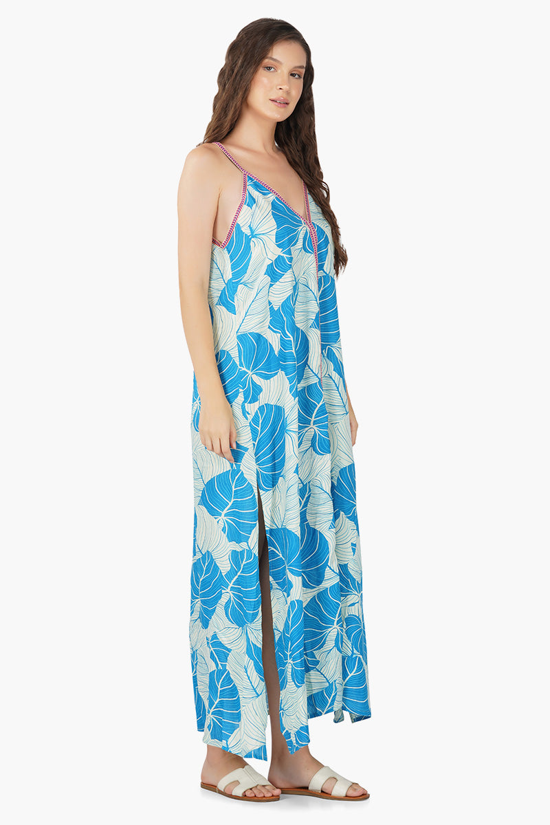 Women Side Slit V Neck Tropical Maxi Dress