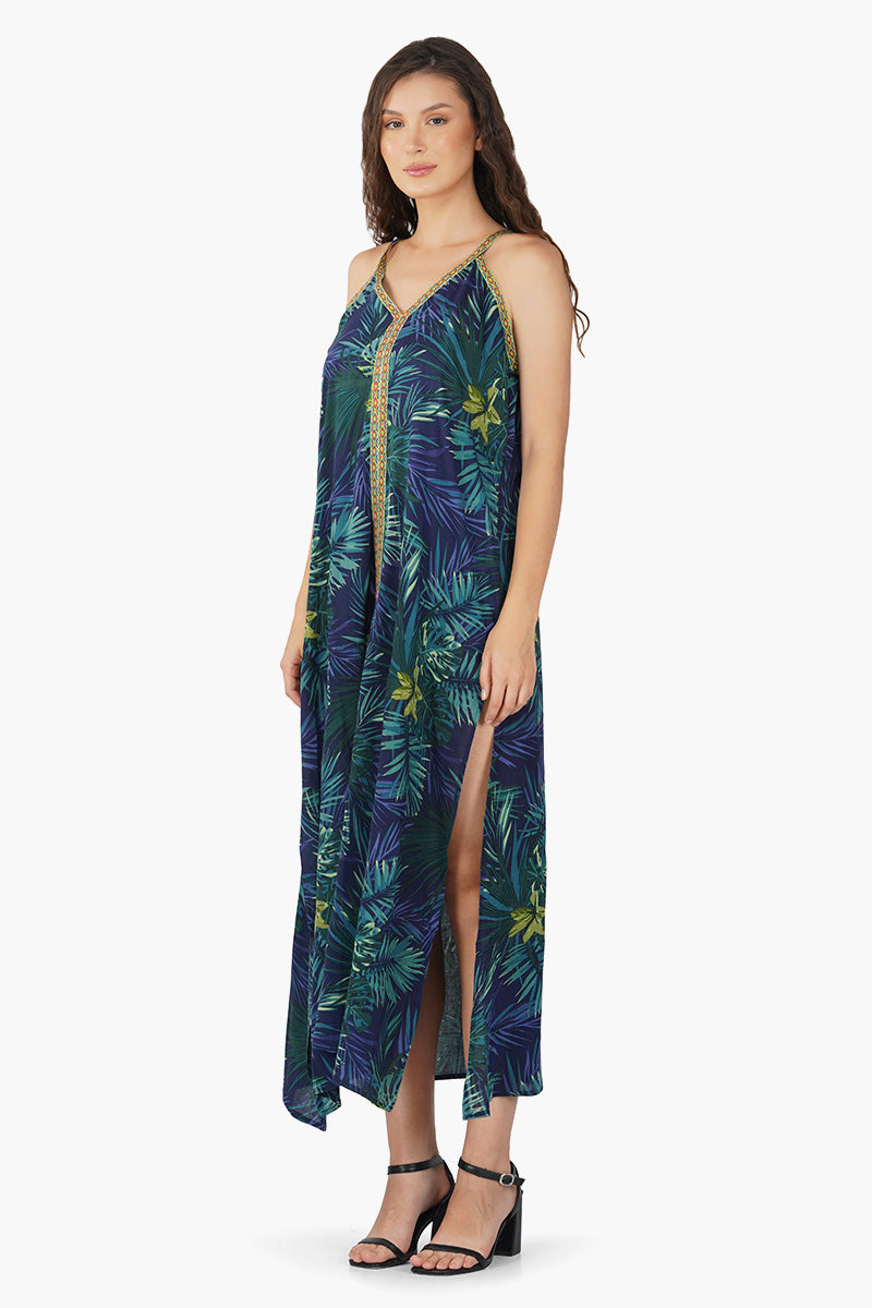 Tropical V-Neck Side Slit Maxi Dress