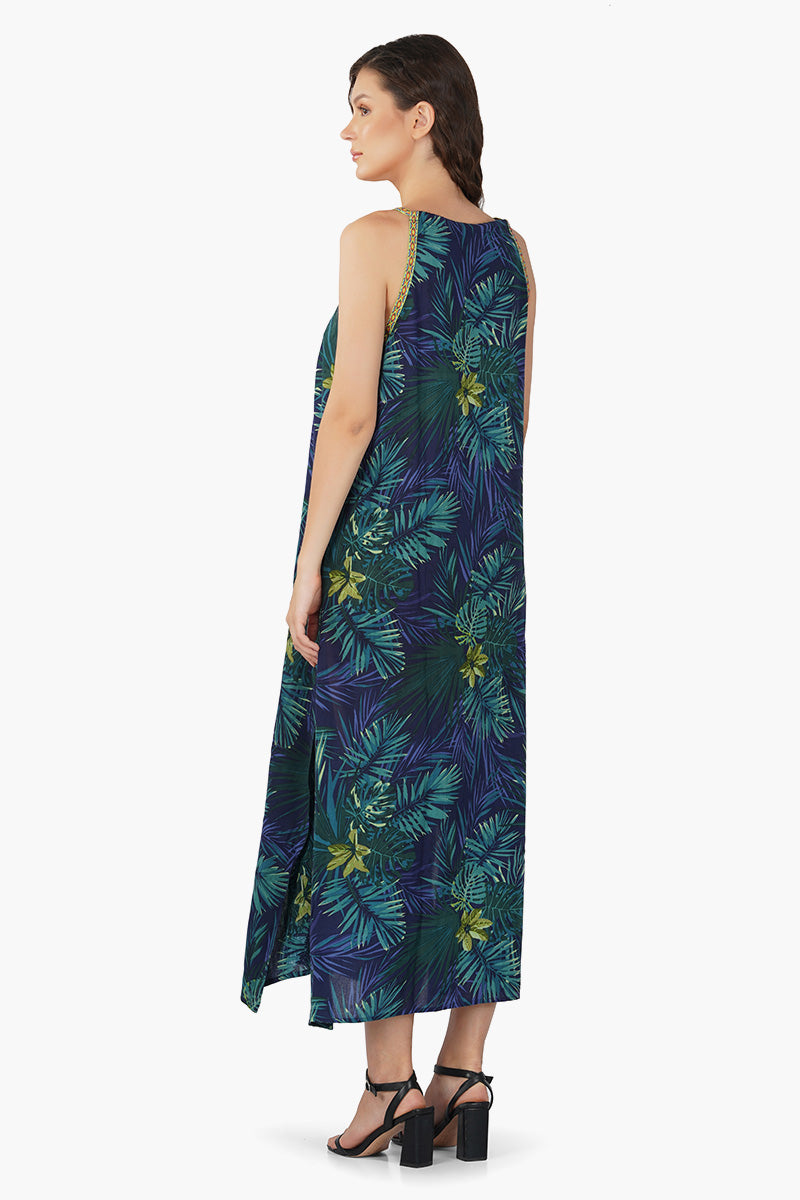 Tropical V-Neck Side Slit Maxi Dress