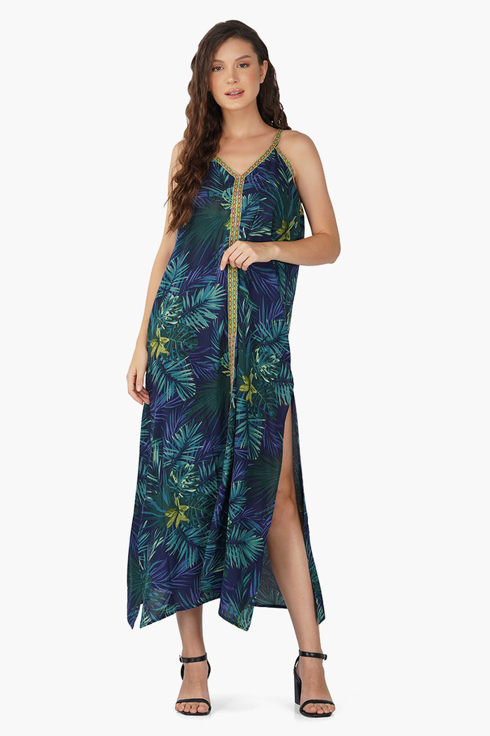Tropical V-Neck Side Slit Maxi Dress