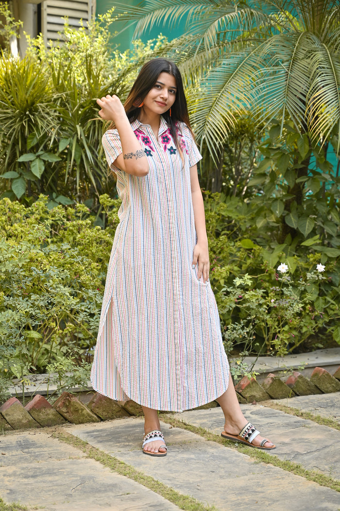 Multicolor Embroidery Striped Shirt Dress