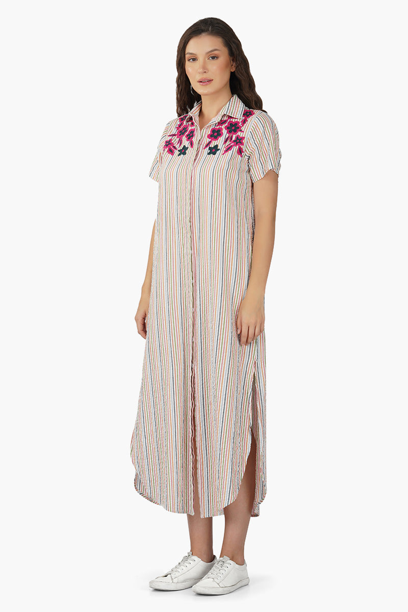 Multicolor Embroidery Striped Shirt Dress
