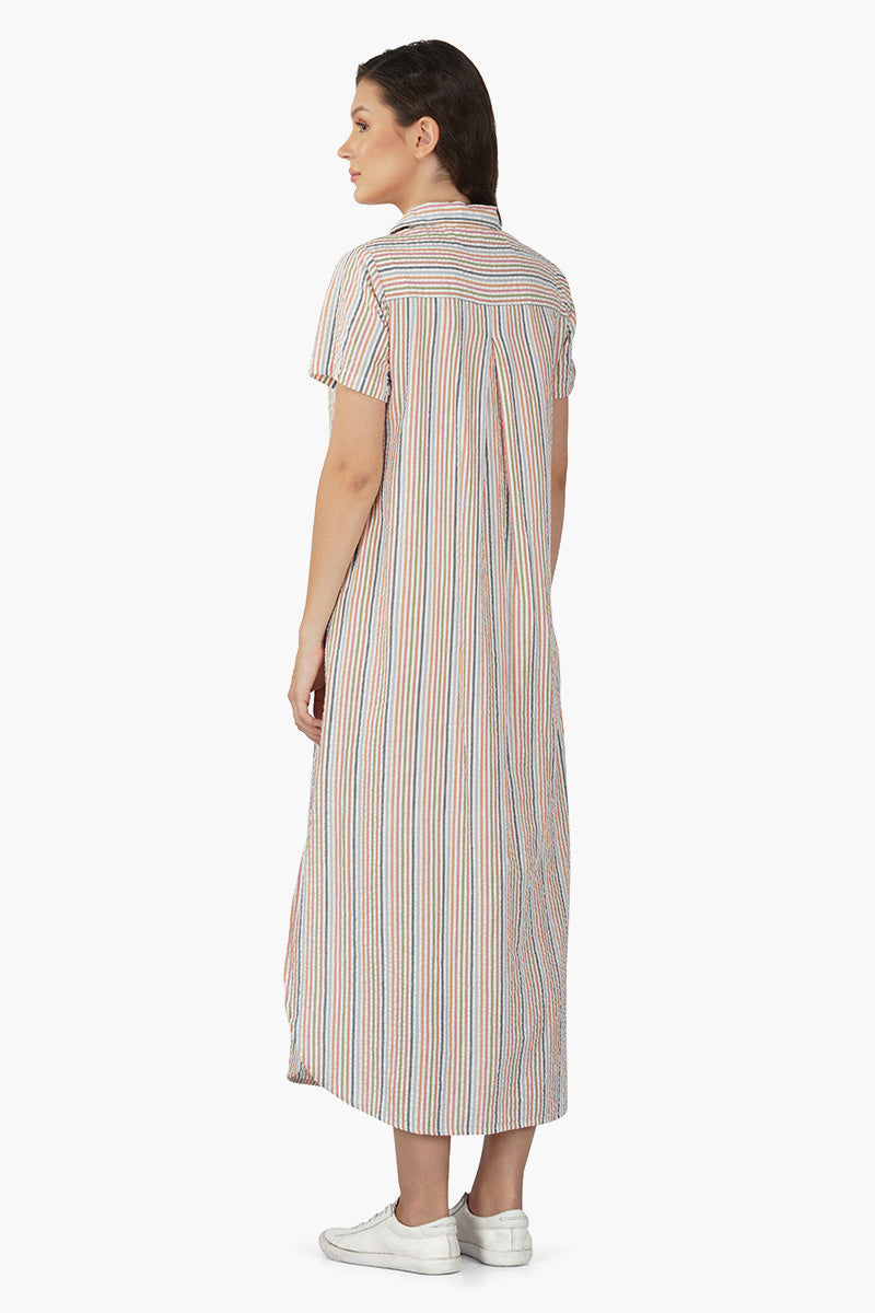 Multicolor Embroidery Striped Shirt Dress