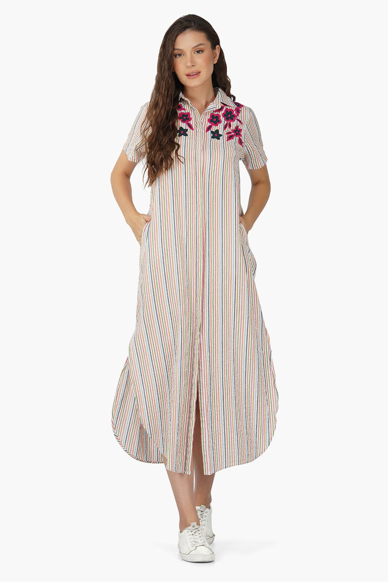 Multicolor Embroidery Striped Shirt Dress
