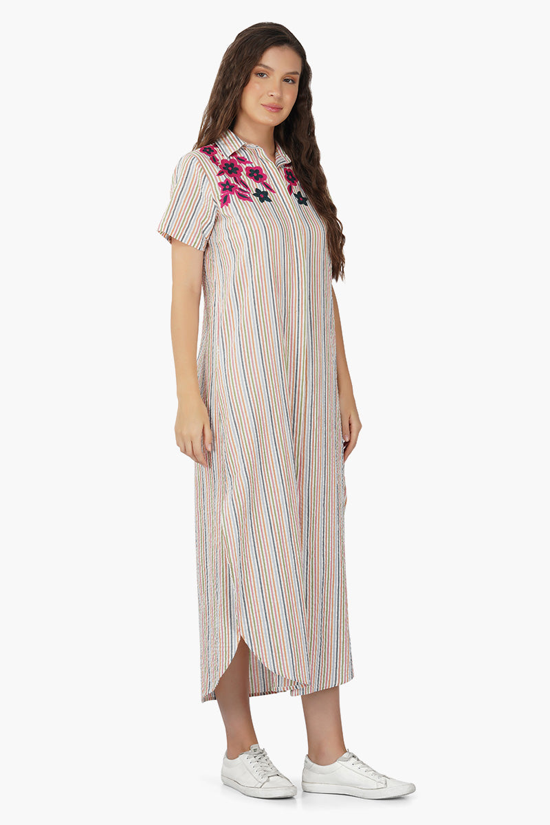 Multicolor Embroidery Striped Shirt Dress