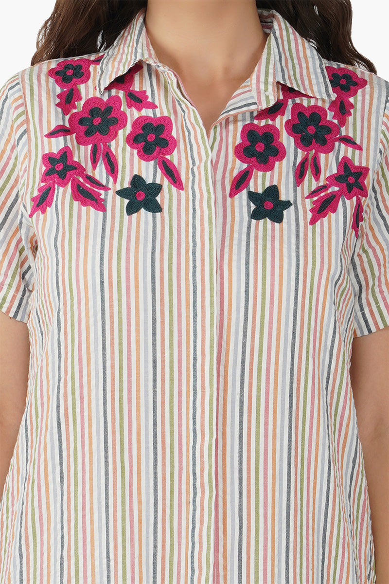 Multicolor Embroidery Striped Shirt Dress