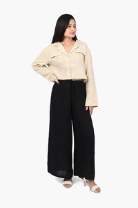 Chic Midnight Fully Lined Wide-Leg Trousers In Black With Comfortable Drawstring Tie