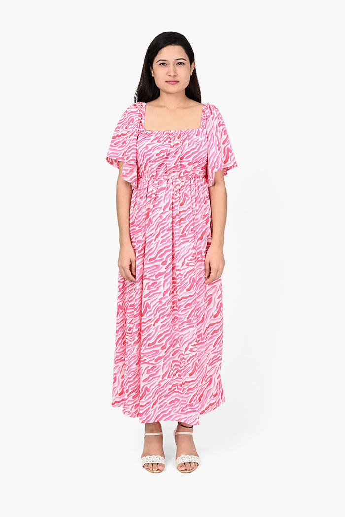 Blushing Safari Pink Maxi Dress With All-Over White Animal Print