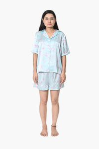 Tropical Escapade Green Button Down Shirt & Relaxed Fit Shorts Night Wear Set