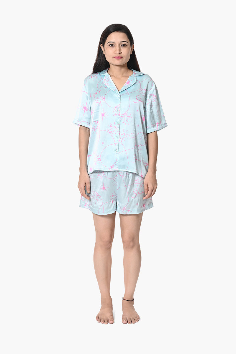 Tropical Escapade Green Button Down Shirt & Relaxed Fit Shorts Night Wear Set
