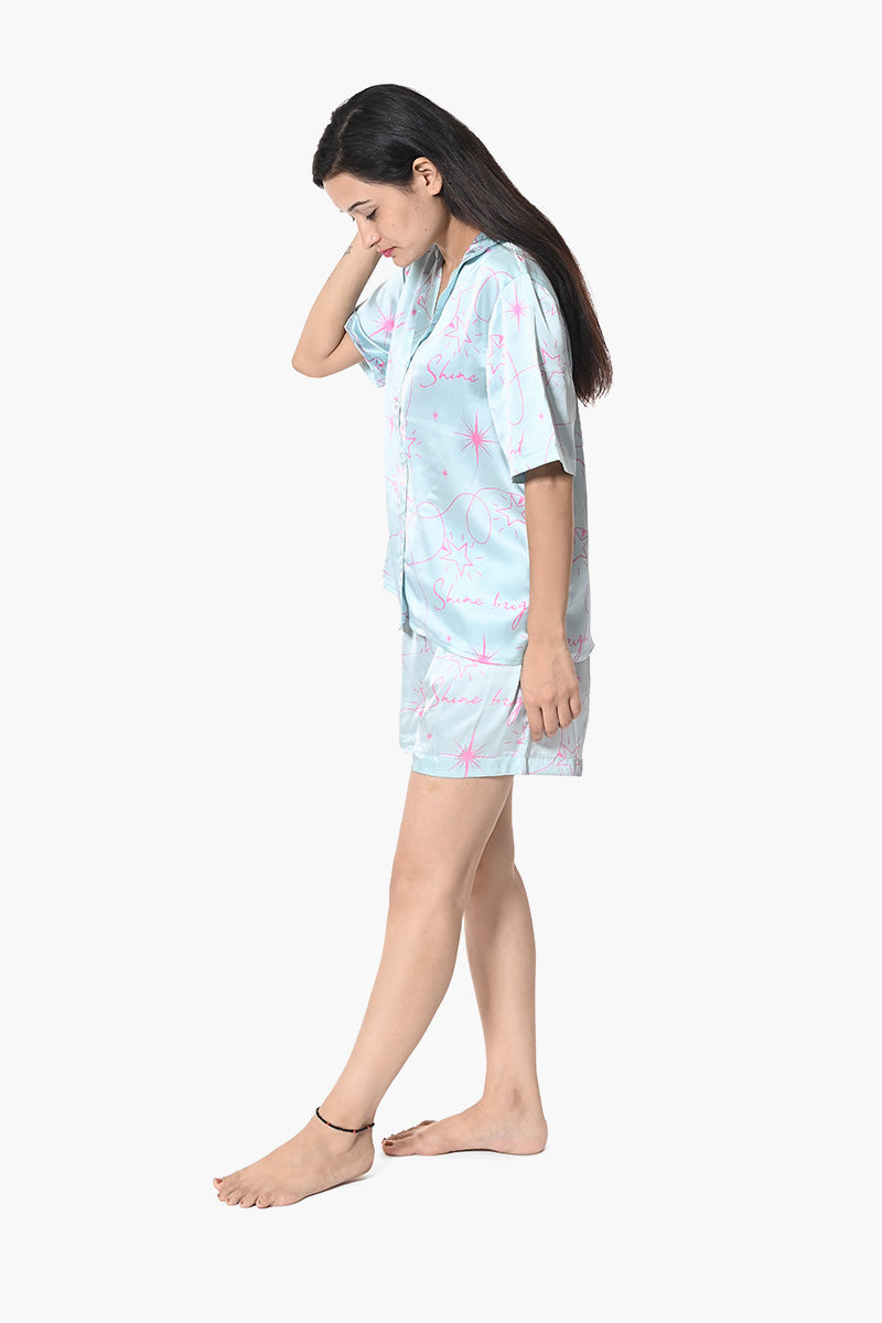 Tropical Escapade Green Button Down Shirt & Relaxed Fit Shorts Night Wear Set