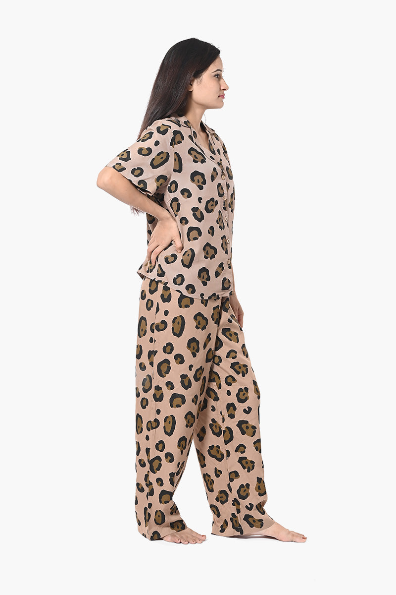 Safari Elegance Animal Print Wide Leg Trousers Night Wear Set