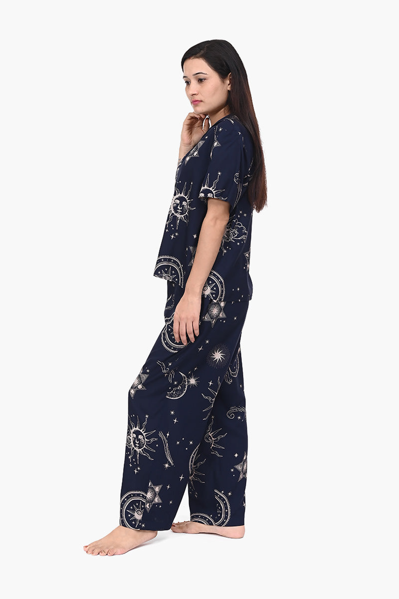 Sunset Horizon Collared Button Down Shirt And Wide Leg Trousers Night Wear Coordinate Set