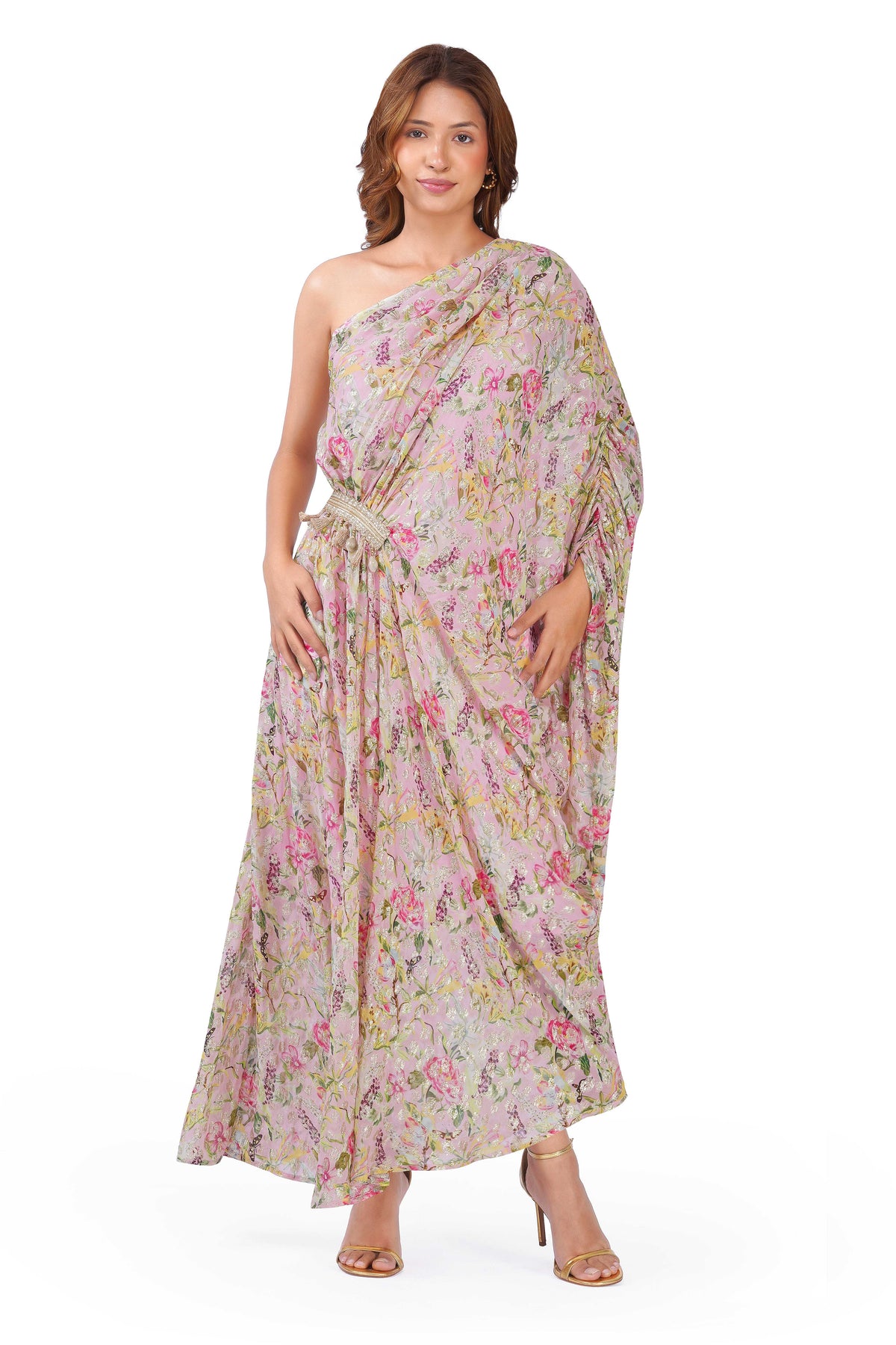 Blush Bloom Floral Lurex One-Shoulder Draped Dress