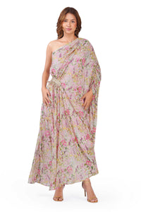 Blush Bloom Floral Lurex One-Shoulder Draped Dress