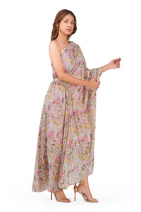 Blush Bloom Floral Lurex One-Shoulder Draped Dress