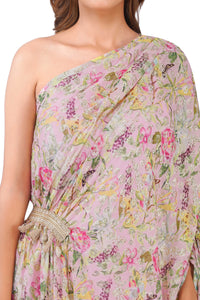 Blush Bloom Floral Lurex One-Shoulder Draped Dress