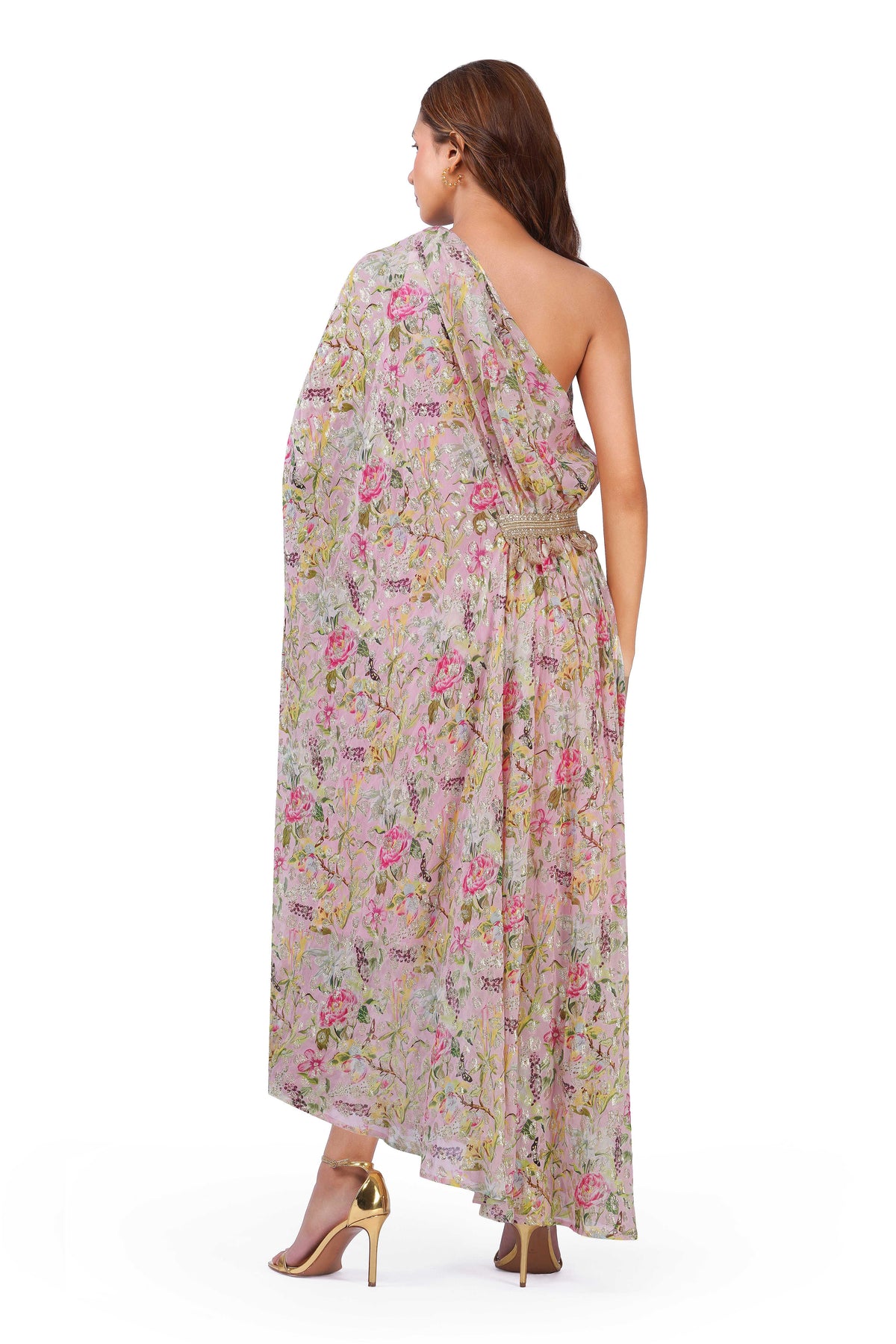 Blush Bloom Floral Lurex One-Shoulder Draped Dress