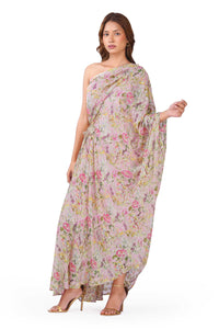 Blush Bloom Floral Lurex One-Shoulder Draped Dress