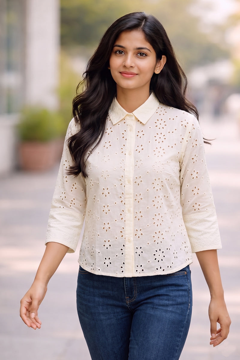 Aura Eyelet Schiffli Cotton Drop Shoulder Shirt