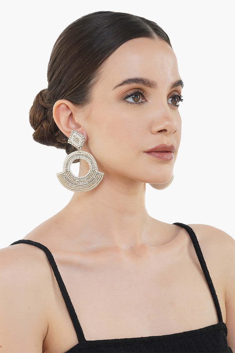 White and Silver Beads Chandbali Earring