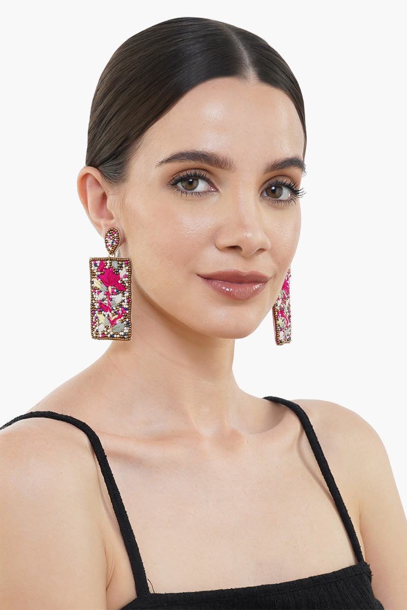 Pink Phulkari Embroidered Earring