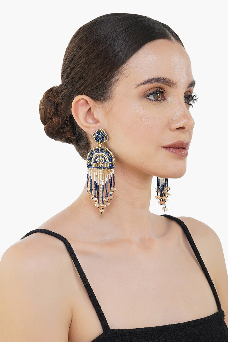 Blue Geometric Tassel Earring