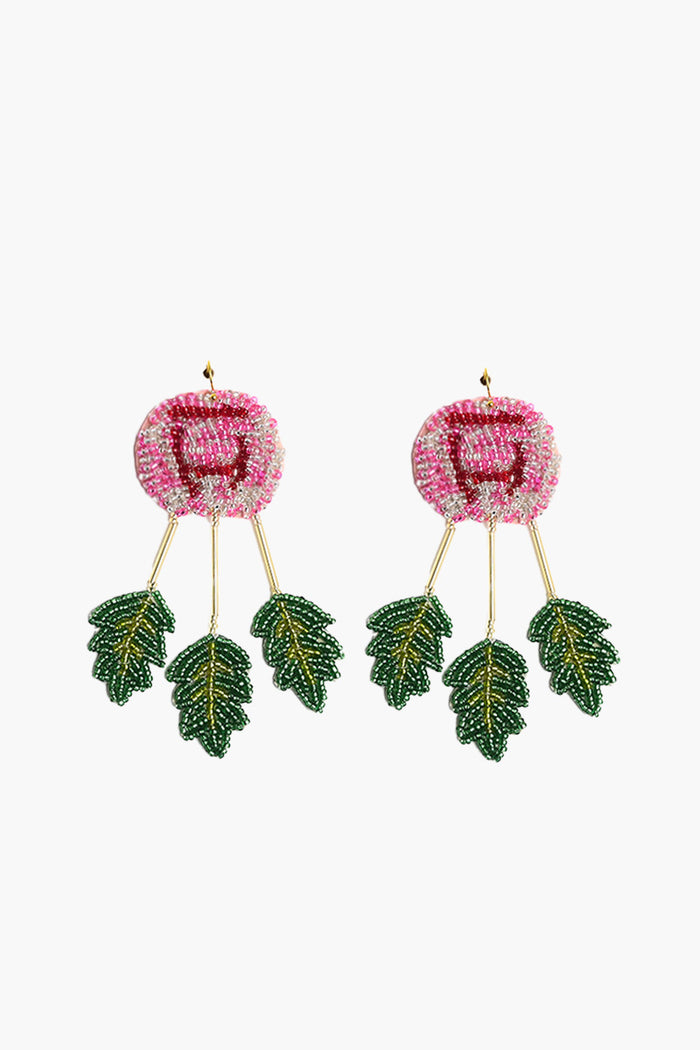Pink Rose and Green Leaves Earring