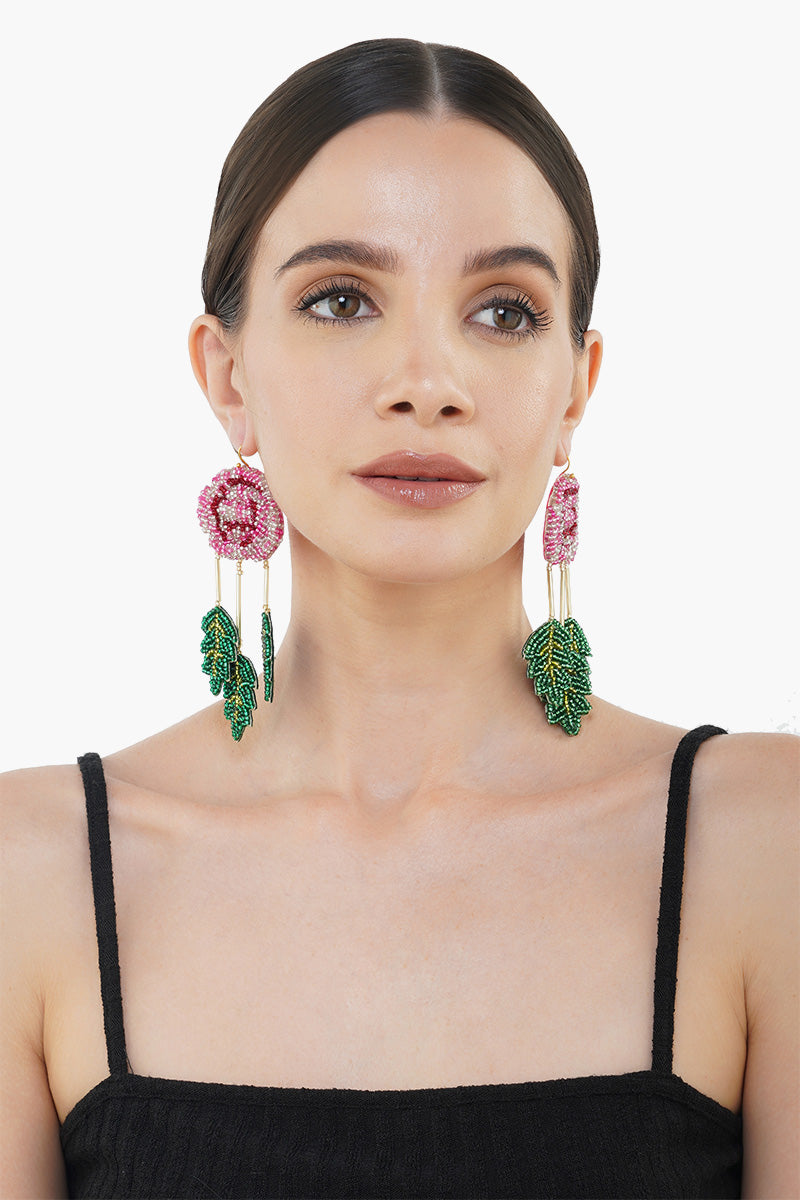 Pink Rose and Green Leaves Earring