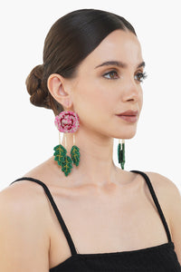 Pink Rose and Green Leaves Earring