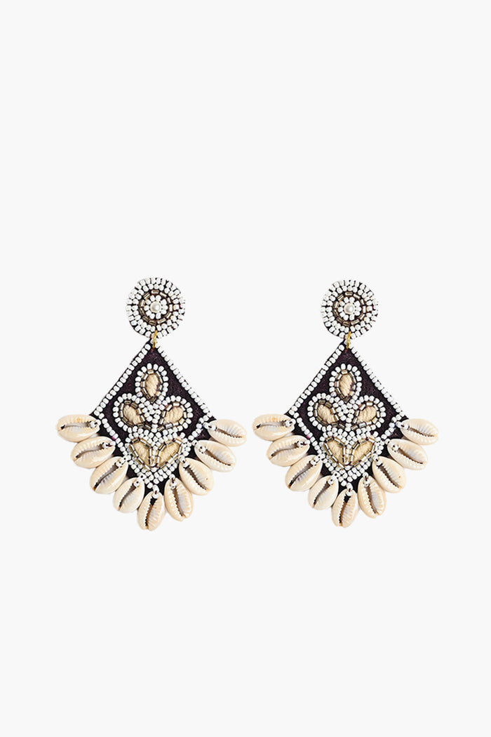 Boho Beads and Shell Embroidered Dangle Earrings