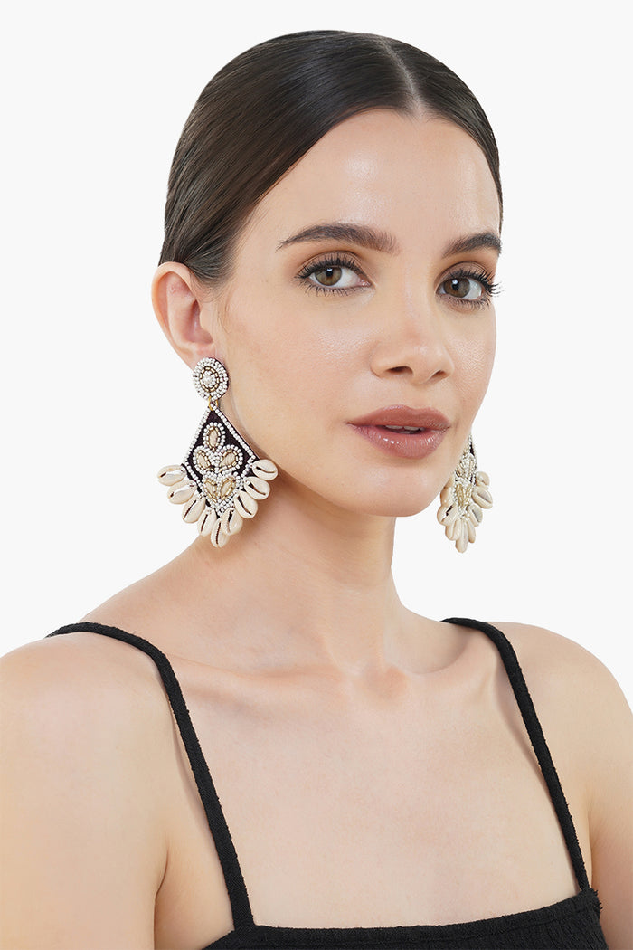 Boho Beads and Shell Embroidered Dangle Earrings