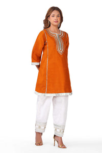 Rust Orange Gota Lace A-Line Kurta with White Embellished Pant Set