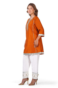 Rust Orange Gota Lace A-Line Kurta with White Embellished Pant Set