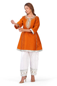 Rust Orange Gota Lace A-Line Kurta with White Embellished Pant Set