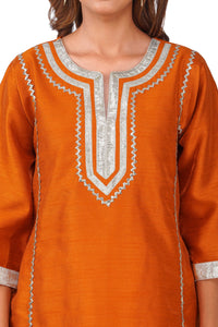 Rust Orange Gota Lace A-Line Kurta with White Embellished Pant Set