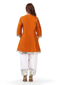 Rust Orange Gota Lace A-Line Kurta with White Embellished Pant Set