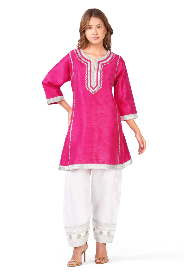Women Fuchsia Pink Dupion Silk Kurta with Off-White Farsi Salwar Set