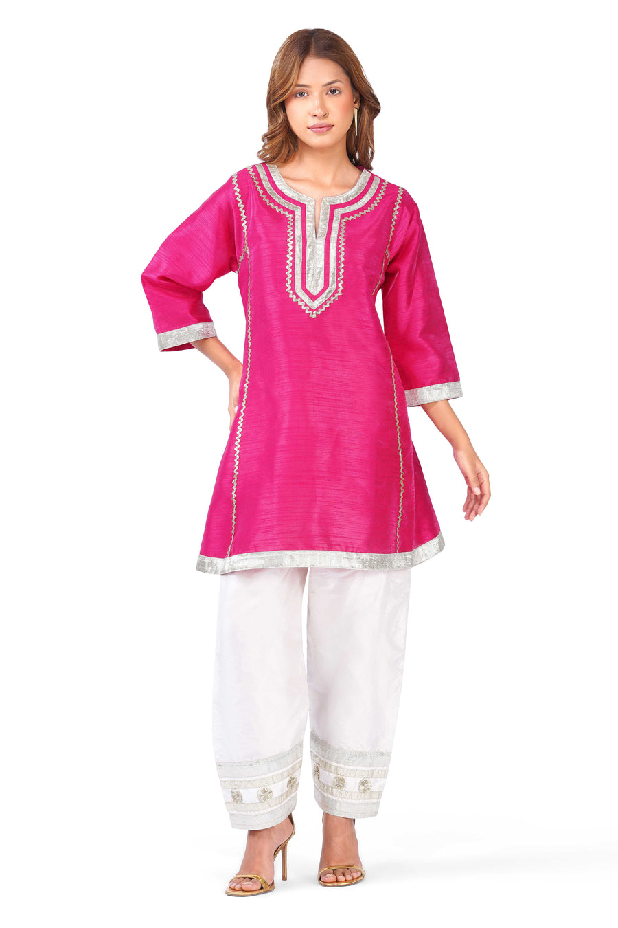 Women Fuchsia Pink Dupion Silk Kurta with Off-White Farsi Salwar Set