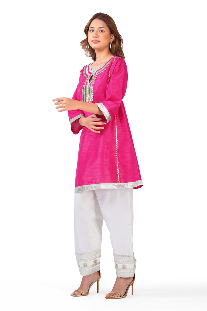 Women Fuchsia Pink Dupion Silk Kurta with Off-White Farsi Salwar Set