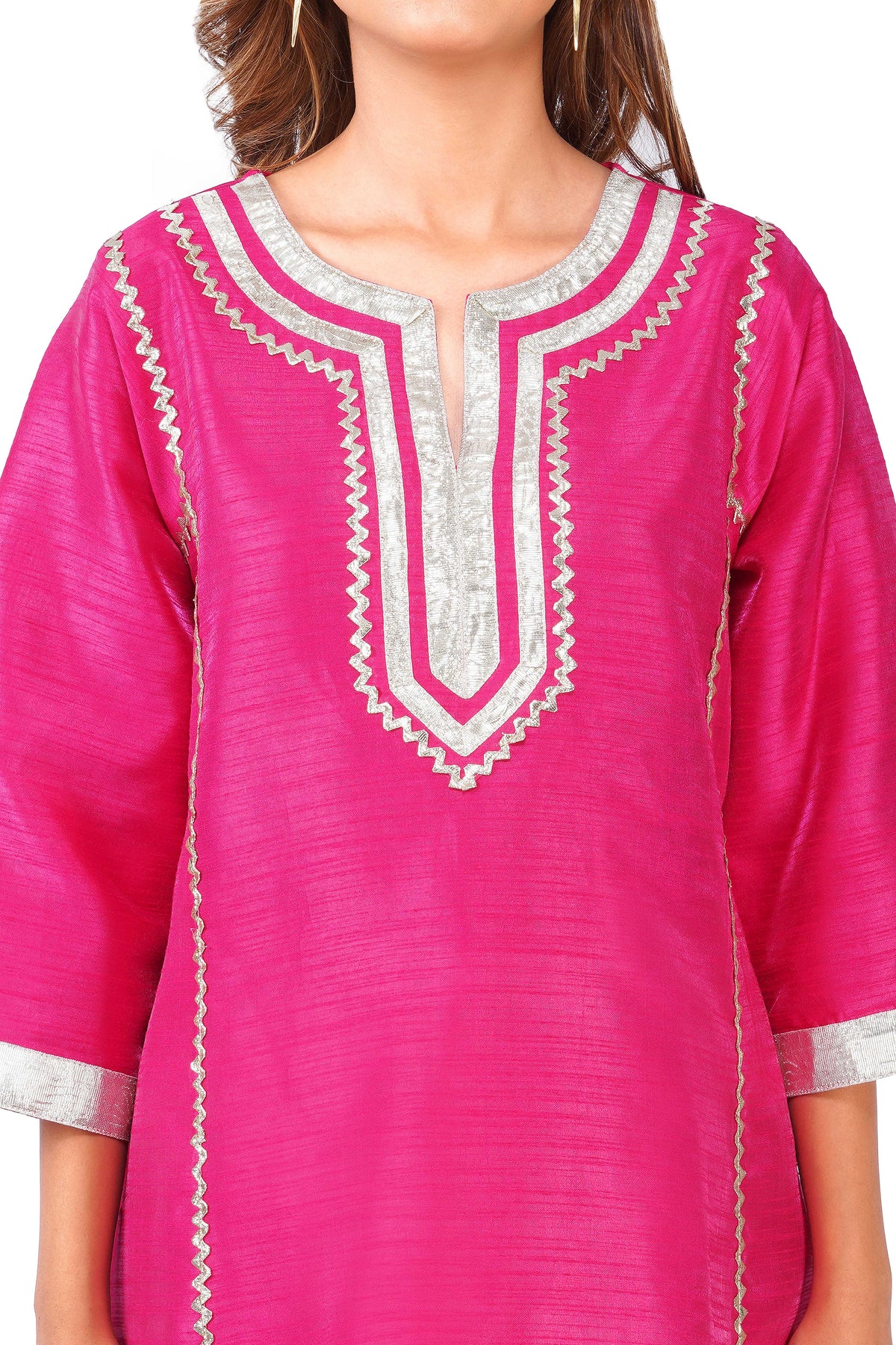 Women Fuchsia Pink Dupion Silk Kurta with Off-White Farsi Salwar Set
