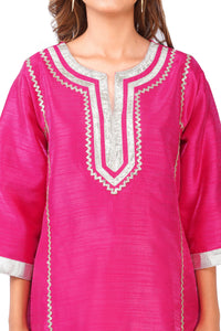 Women Fuchsia Pink Dupion Silk Kurta with Off-White Farsi Salwar Set
