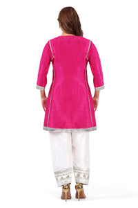 Women Fuchsia Pink Dupion Silk Kurta with Off-White Farsi Salwar Set