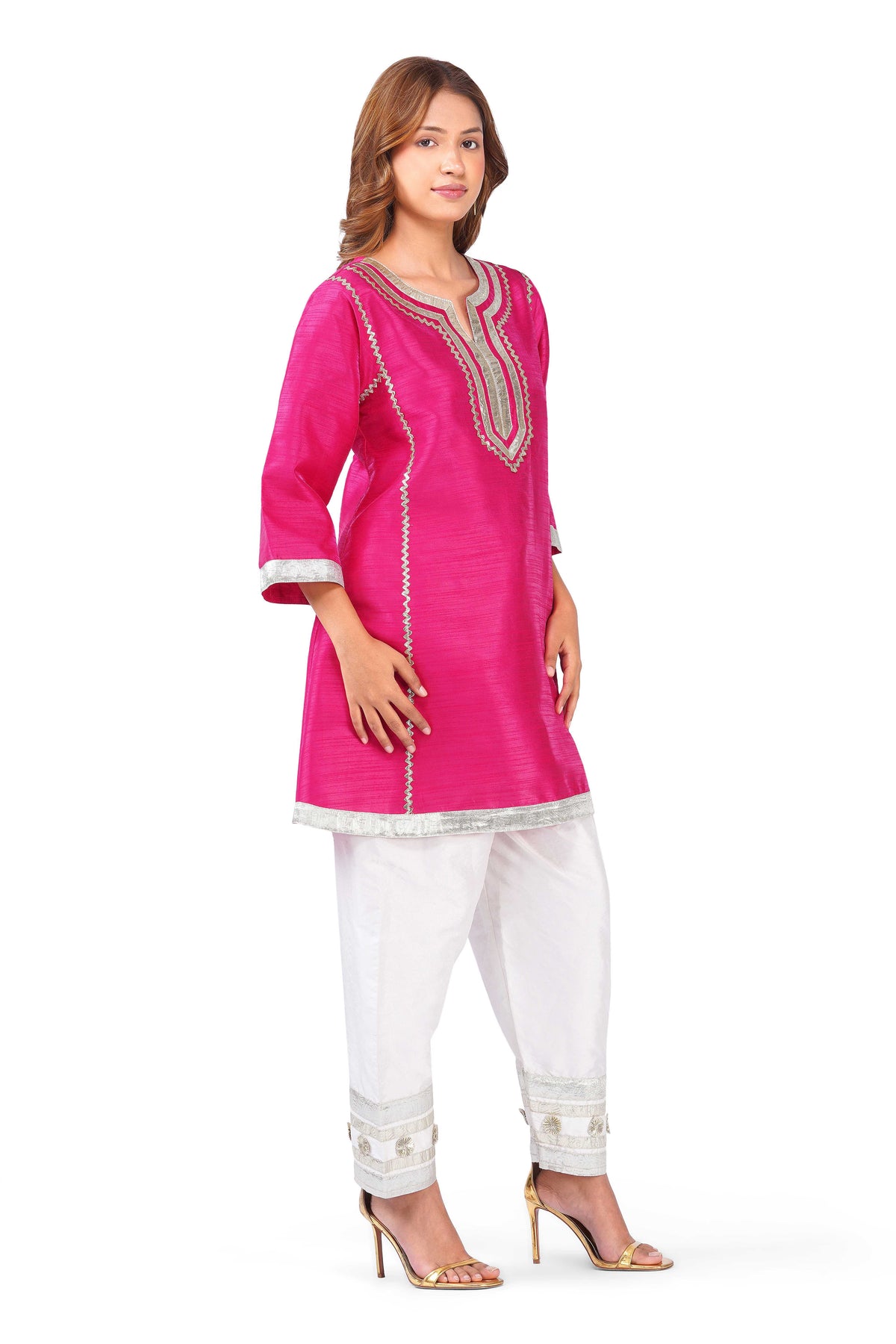 Women Fuchsia Pink Dupion Silk Kurta with Off-White Farsi Salwar Set
