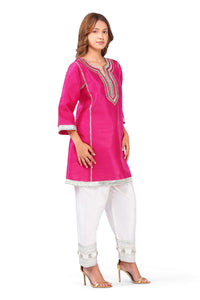 Women Fuchsia Pink Dupion Silk Kurta with Off-White Farsi Salwar Set